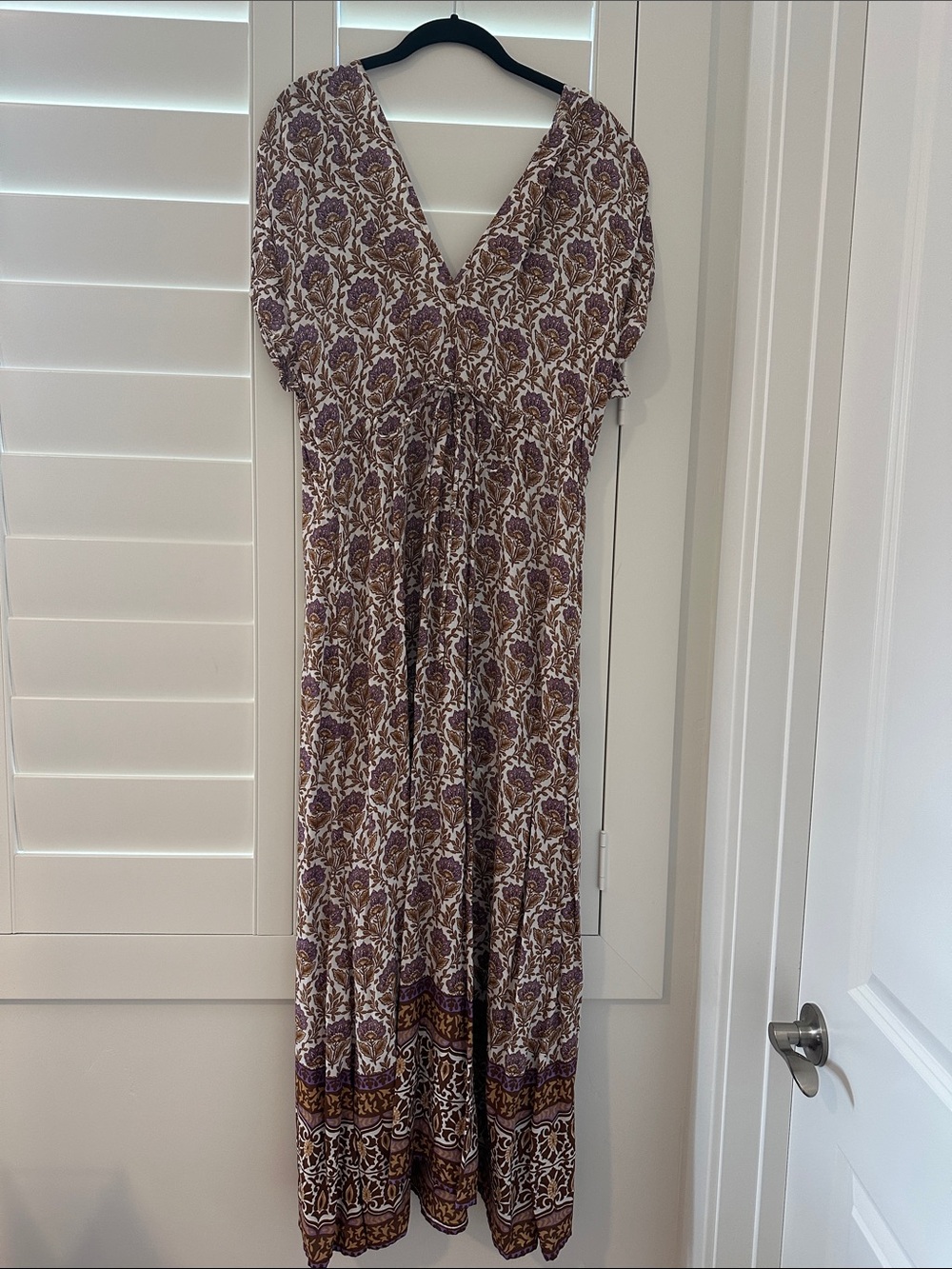 Bali Queen Bohemian Floral V-Neck Maxi Dress in Brown, Lavender, Gold and Cream